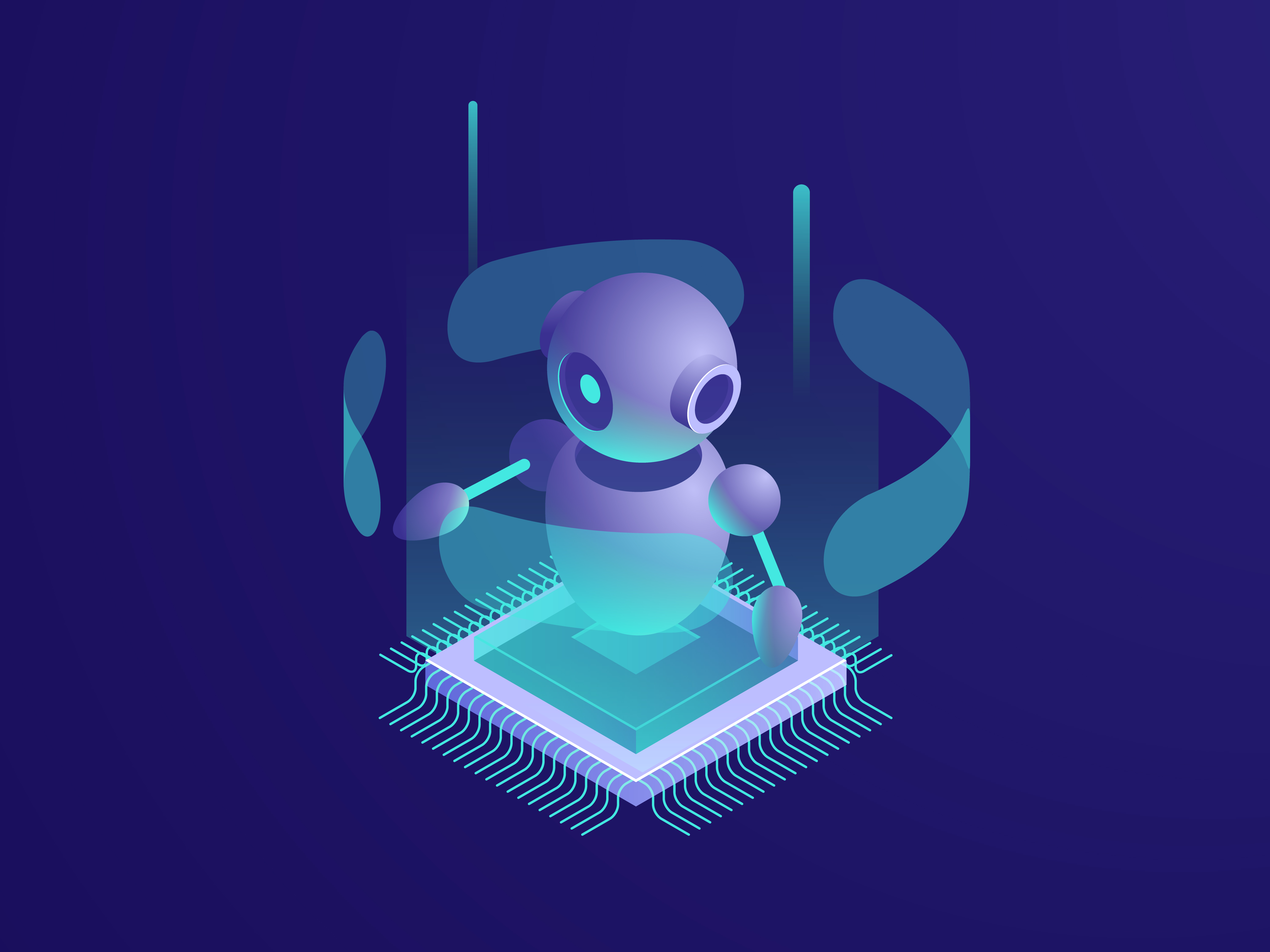 Artificial intelligence ai robot, server room, digital technology banner, computer equipment, big data processing, automated process isometric vector neon dark